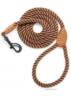 Mile High Life Braided Cotton Rope Leash with Leather Tailor Handle and Heavy Duty Metal Sturdy Clasp 4 5 6 FEET
