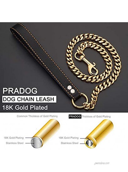 PRADOG Gold Dog Chain Leash 15MM Metal Cuban Link Dog Leash for Gold Chain Dog Collar with Leather Padded Handle for Large Medium Small Dogs3FT 4FT 5FT
