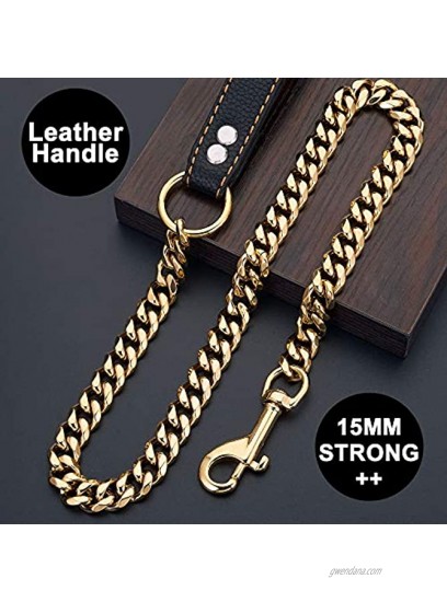 PRADOG Gold Dog Chain Leash 15MM Metal Cuban Link Dog Leash for Gold Chain Dog Collar with Leather Padded Handle for Large Medium Small Dogs3FT 4FT 5FT