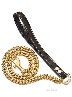 PRADOG Gold Dog Chain Leash for Cuban Link Collar 12MM Heavy Duty Metal Pet Leash Chain with Leather Padded Handle for Large Medium Small Dogs3FT 4FT 5FT