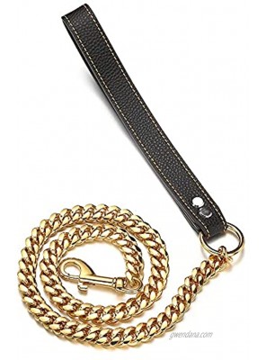 RUMYPET 3FT 4FT 5FT Heavy Duty Gold Dog Chain Leash 10MM 14MM Stainless Steel Miami Cuban Link Chain with Durable Genuine Leather Handle for Training Walking