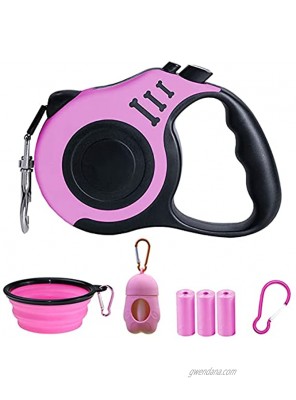 PEI JIA SUO Retractable Dog Leash Lightweight Portable Pet Walking Leash with Folding Bowl Dispenser Rubbish Bags for Small Medium Dogs Cat Anti-Slip Handle Strong Nylon Tape 16 ft Pink
