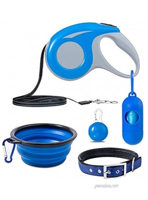 Retractable Dog Leash with Free Garbage Dispenser and Bag + Dog Nylon Collar + Bonus Bowl Heavy-Duty 16-Foot Retractable Walking Dog Leash with Non-Slip Handle | One-Click Control Blue Black #Blue