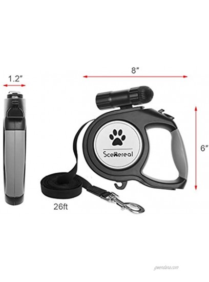 SCENEREAL Heavy Duty Retractable Dog Leash 26 FT with LED Flash Light & Poop Bag Dispenser for up to 110 LB Small Medium Large Dogs Outdoor Walking & Training
