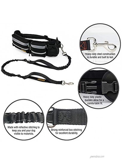 Hands Free Dog Leash Dog Walking and Training Belt with Shock Absorbing Bungee Leash for up to 180lbs Large Dogs Phone Pocket and Water Bottle Holder Fits All Waist Sizes From 28” to 48”