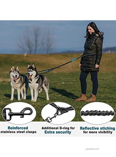 Chunky Paw Double Dog Leash Hands Free – Dual Dog Leash for Medium and Large Dogs – Two Dogs Leash Tangle Free No Pull Padded Handles Comfortable Shock Absorbing Reflective Bungee