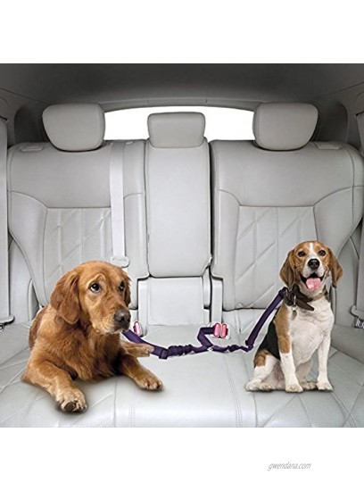 Slowton Double Dog Car Seat Belt Dual Pet Vehicle Safety Seatbelt Adjustable Double Dog Coupler Lead Splitter Elastic Bungee Reflective Stripe Two Pets Car Trip Travel Purple