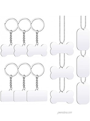 12 Pieces Blank Sublimation Dog Tag Keychain and Necklaces Set Aluminum Dog ID Tag and Metal Keychain Military Style Dog Keychain Rectangular and Bone Shape Pet Name Number Tag Pendant