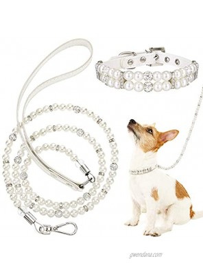 2 Pieces Dog Artificial Pearl Collars Leash Set 2 Rows Pet Imitated Pearl Necklace and 4 ft Imitated Pearl Wire with Crystal Rhinestone Cat Imitated Pearl Neck Strap for Small Pet Puppy Kitten