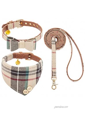 BINGPET Bow Tie Dog Collar with Leash Set Cute Adjustable Classic Plaid Dog Bandana Collar with Bell Fit for Small Dogs Puppies and Cats Outdoor Walking