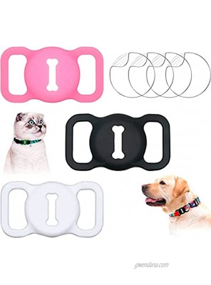 BoneStyle Case Compatible with Airtag Dog Collar Holder + 4 pcs Screen Protector for Apple Air Tag Protective Silicone Cat Small Pet Puppy Loop Airtags Cases A Black+White+GlowPink 3 Pack
