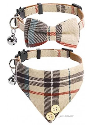 Bow Tie Cat Collar Bandana 2 Packs Classic Plaid Check Ginham Cat Collars with Scarf and Bow Tie Adjustable Size with Bell Perfect for Cats Puppy Small Dogs