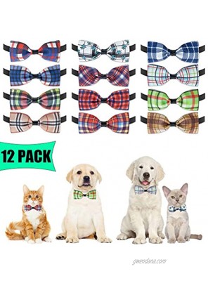 Plaid Dog Bow Ties Collar 12 Pack Adjustable Cat Bow Ties Pet Bowties Collar for Small Medium Dogs Puppies and Cats
