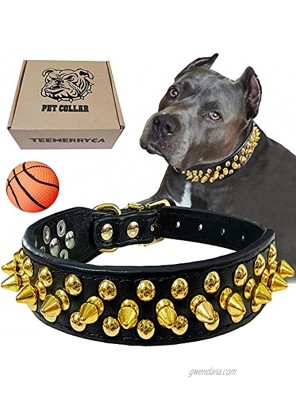 TEEMERRYCA Leather Dog Collar with Gold Spikes for Small Medium Large Pets,Pit Bulls Bulldog Keep Dog Safe from Grabbing by Huge Dogs
