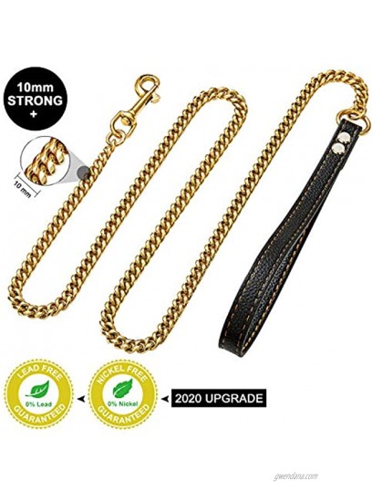 BMusdog Dog Chain Leash 18K Gold Cuban Link Chain 10MM 4FT Sturdy Heavy Duty Chain Lead Walking Training for Medium and Large Dogs