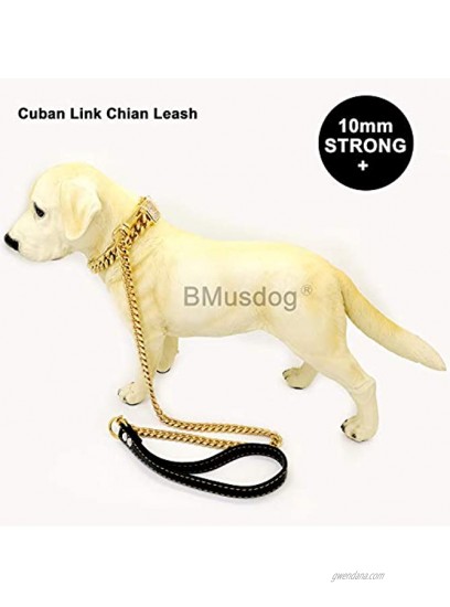 BMusdog Dog Chain Leash 18K Gold Cuban Link Chain 10MM 4FT Sturdy Heavy Duty Chain Lead Walking Training for Medium and Large Dogs