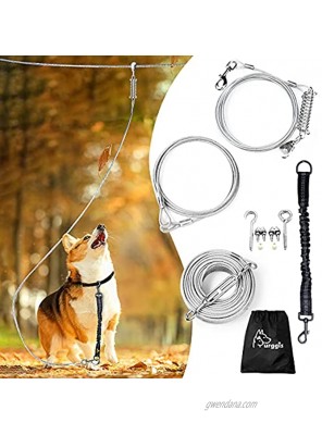 Dog Runner for Yard Dog Trolley System-100ft Aerial Dog Tie Out Run Cable with 10ft Pulley Runner Lead and Bungee Dog Leash Up to 125lbs for Medium Large Dogs Dog Runs for Outside