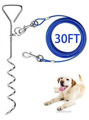 Dog Tie Out Cable and Stake 16 30ft Outside Dog Leash&Chain for Camping and Yard 16'' Heavy Duty Anti Rust Spiral Stake for Medium-Large Dogs Up to 125 lbs