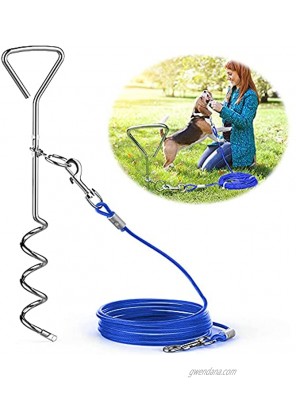 Dog Tie Out Cable and Stake 30ft Dog Chain Outside 16 Anti Rust Spiral Dog Stake Leash for Medium Large Dogs up to 125 Lbs,Dog Runner Leash for Camping Training Playing in The Yard（Blue）