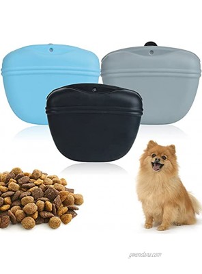 3Pcs Silicone Dog Treat Pouch Portable Dog Treat Training Bag Black gray blue Puppy Treat Pouch Waterproof Pet Waist Bag with Magnetic Closure and Waist Clip for Belt for Dog Walks BPA Free