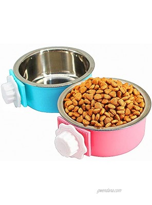 2 Pack Crate Dog Bowl Removable & Stainless Steel Kennel Water Bowl Hanging Pet Cage Bowl Food and Pink Water Feeder Coop Cup for Puppy Medium Dogs Birds Ferret Cat