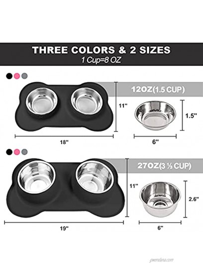AsFrost Dog Food Bowls Stainless Steel Pet Bowls & Dog Water Bowls with No-Spill and Non-Skid Feeder Bowls with Dog Bowl Mat for Dogs Cats and Pets-Black Grey Pink 24Oz-54 0z in Total