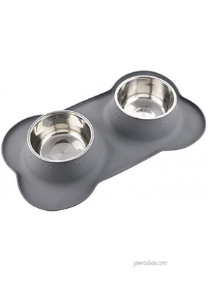 Dog Bowls with Mat Cat Water Food Mat Bowl 13.5oz Each in No Spill Non-Skid Silicone Mat Double Pet Feeder Bowl Set for Puppy Cats Small Medium Dogs Bone Shape Grey