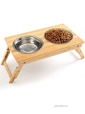 CYBMBO Raised Pet Bowls for Dogs and Cats Adjustable Elevated Dog Bowls for Small and Medium Size Dog Food Water Bamboo Feeder with Stand 2 Bowls Non-Slip No Need Assemble Height 5.12 6.69
