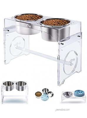MO HAPPY Acrylic Elevated Dog Bowls for Large Dogs Medium Size Dog with 3 Stainless Steel Dog Food Bowls and 1 Slow Feeder Raised Dog Bowl Elevated 3 Heights 4.5in 10in  12in for Dogs and Cats（Clear）