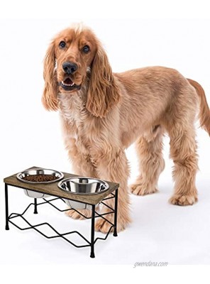 MyGift Elevated Double Pet Feeder Stand Natural Mango Wood & Black Metal Lattice Style with 2 Stainless Steel Bowls