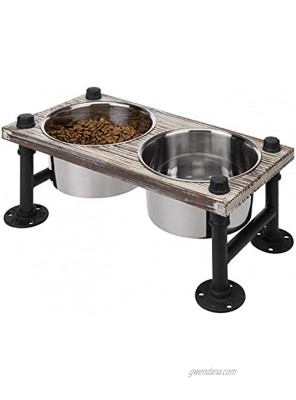 MyGift Torched Wood & Industrial Metal Elevated Double Pet Feeder Stand with 2 Stainless Steel Bowls