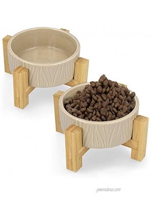 Navaris Ceramic Elevated Cat Bowls Raised Food and Water Bowl Set for Cats and Small Dogs with Wood Stands Eco Friendly Pet Bowls