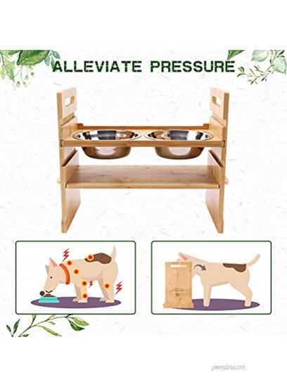 Pet Raised Bowls for Dogs and Cats Draw Design Adjustable Bamboo Elevated Feeder Stand with 2 Stainless Steel Food and Water Bowls