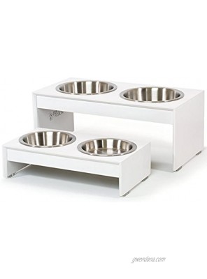PetFusion Bamboo Elevated Dog Bowls Cat Bowls. Raised Feeders w  Water Resistant Seal Short 4" Tall 8” & 10" options. White & Brown. US FOOD GRADE Stainless Steel Dog & Cat Bowls. 12 Month Warr.