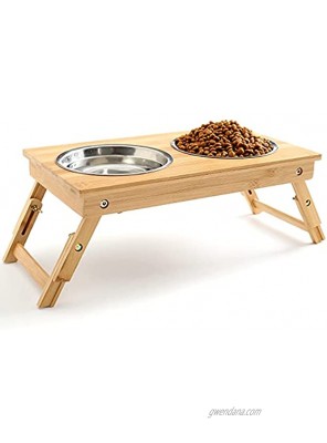 QYBOOM Raised Dog Bowls with Stand Adjustable Elevated Dog Cat Food Water Bowls for Medium and Small Size Dogs Cats Bamboo Pet Feeder with 2 Bowls Non-Slip No Need Assemble Height 5.12" 6.69"