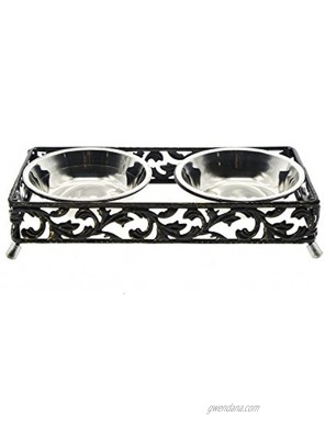 Saim Dog Bowl Set,Stainless Steel Raised Food and Water Bowls with Antique Metal Stand for Small Dogs and Cats Elevated Food and Water Bowls