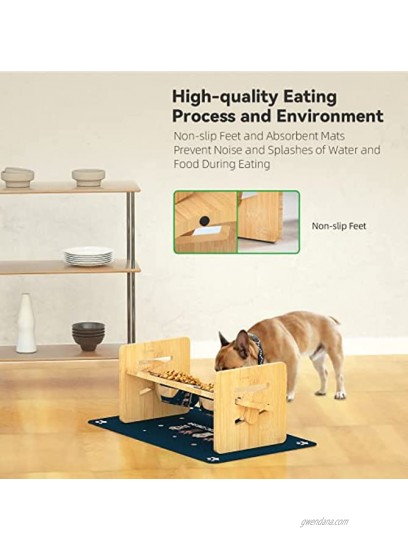 Upgraded Elevated Dog Bowls for Dogs and Cats Adjustable Bamboo Raised Dog Bowl Stand with Highly Absorbent Spill Proof Mat and 2 Stainless Steel Pet Dog Puppy Food Water Bowls Small Medium Large