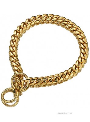 Aiyidi Strong 18K Gold Plated Dog Chain Collar Stainless Steel Width 10mm,12mm 15mm 18mm Cuban Link Choke Collar for Dog's Training Daily Use 12mm 12inches