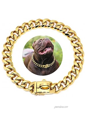Didog Gold Dog Chain Collar,Metal Choke 19mm Collar with Design Secure Buckle Stainless Steel 18K Cuban Link for Small Medium Large Dogs Walking Training