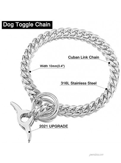 Dog Chain Collar High Polished Cuban Link Chain Choke Collar 10MM Strong Heavy Duty Chew Proof Adjustable Training Walking P Chain with Toggle Clasp for Dog Leash for Medium Dogs 10MM 20