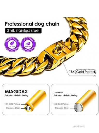 Dog Collar for Large Dogs MIAGIDAX 18K Gold Dog Cuban Link Personalized Chain 32mm Heavy Duty Stainless Steel Dog Training Collar Easy Secure Snap Buckle Harnesses Martingale Collar 18 to 26 inch