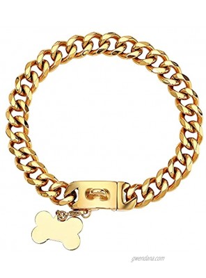 Gold Chain Dog Collar with Secure Snap Buckle -18K Gold Plated 20X Thicker 19MM Cuban Link Dog Collar Chew Proof Heavy Duty Fancy Gold Dog Chain for Medium Large Dogs 16''for 14''~16''Neck