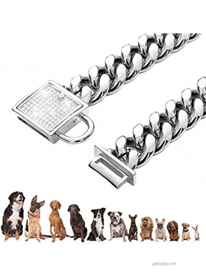 Granny Chic Dog Chain Collar Top Cubic Zirconia Lock 14mm Stainless Steel Silver Cuban Chain Pet Dog Training Walking Collars 10 26