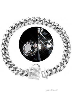 Granny Chic Dog Chain Collar Top Cubic Zirconia Lock 14mm Stainless Steel Silver Cuban Chain Pet Dog Training Walking Collars 10" 26"