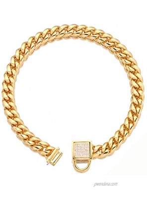 NIKPET Gold Dog Chain Collar with Secure Buckle with Ice-Out Cubic Zirconia Stones 18K Metal Stainles Steel Cuban Link Chain 10MM Heavy Duty Walking Training Choke Collar 10in to 24in