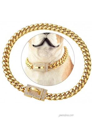 ToBeTrendy Gold Dog Chain Collar with Design Secure Buckle Bling CZ Diamonds18K Miami Cuban Link Chain 10MM Heavy Duty Chew Proof Walking Metal Chain Collar Necklace for Small Medium Dogs