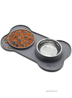 LumoLeaf Fun Feeder Dog Bowls 2 in 1 No Spill Silicone Mat with Slow Feeder Dog Bowl and Stainless Steel Water Bowl for Small Dogs Cats and Pets Grey