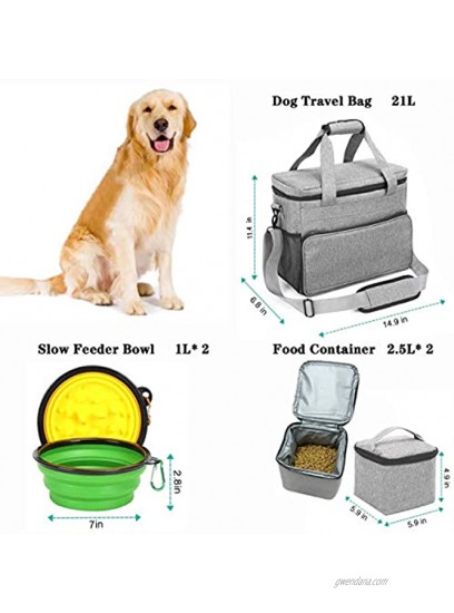 Dog Travel Bag Dog Luggage with 2 Collapsible Slow Feeder Bowls 2 Food Storage Containers Pet Supplies Tote Organizer for Large Dogs Puppy 21L 15 x 7 x 12”
