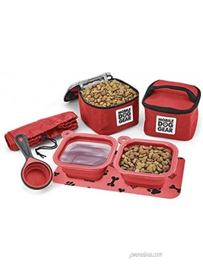 Dog Travel Food Set for Medium + Large Dogs Red 7 Pieces Including Collapsible Bowls Carriers Scooper Place Mat Bag