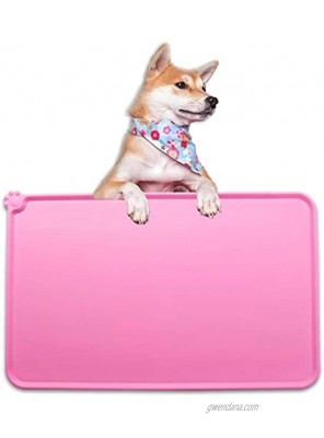 QAZWER Dog Cat Food Mat Waterproof Silicone Pet Feeding Mat with Edges Lip Dish Placemat for Bowl Food and Water Pink